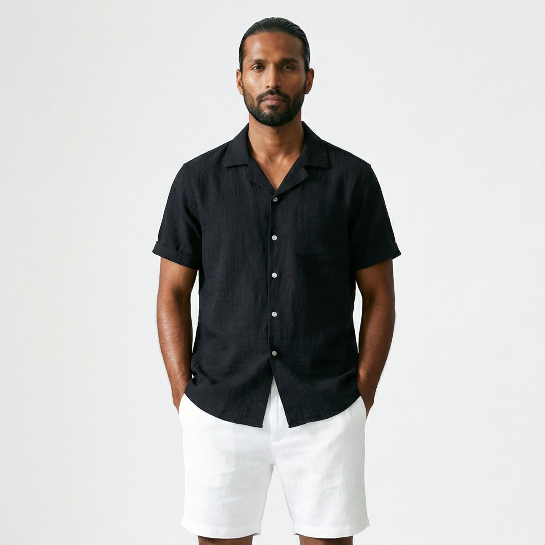 Camisa de Linho Masculina Gola Turista preto