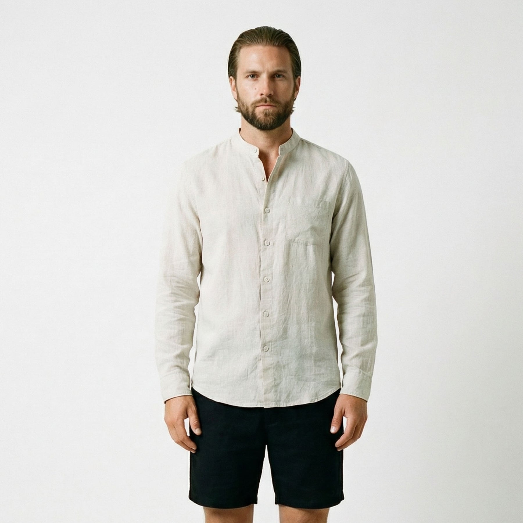 Camisa de Linho Masculina Gola Padre bege