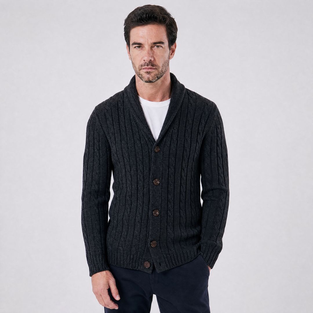 Cardigan Masculino Encorpado com Gola Shawl e Ponto Trançado preto