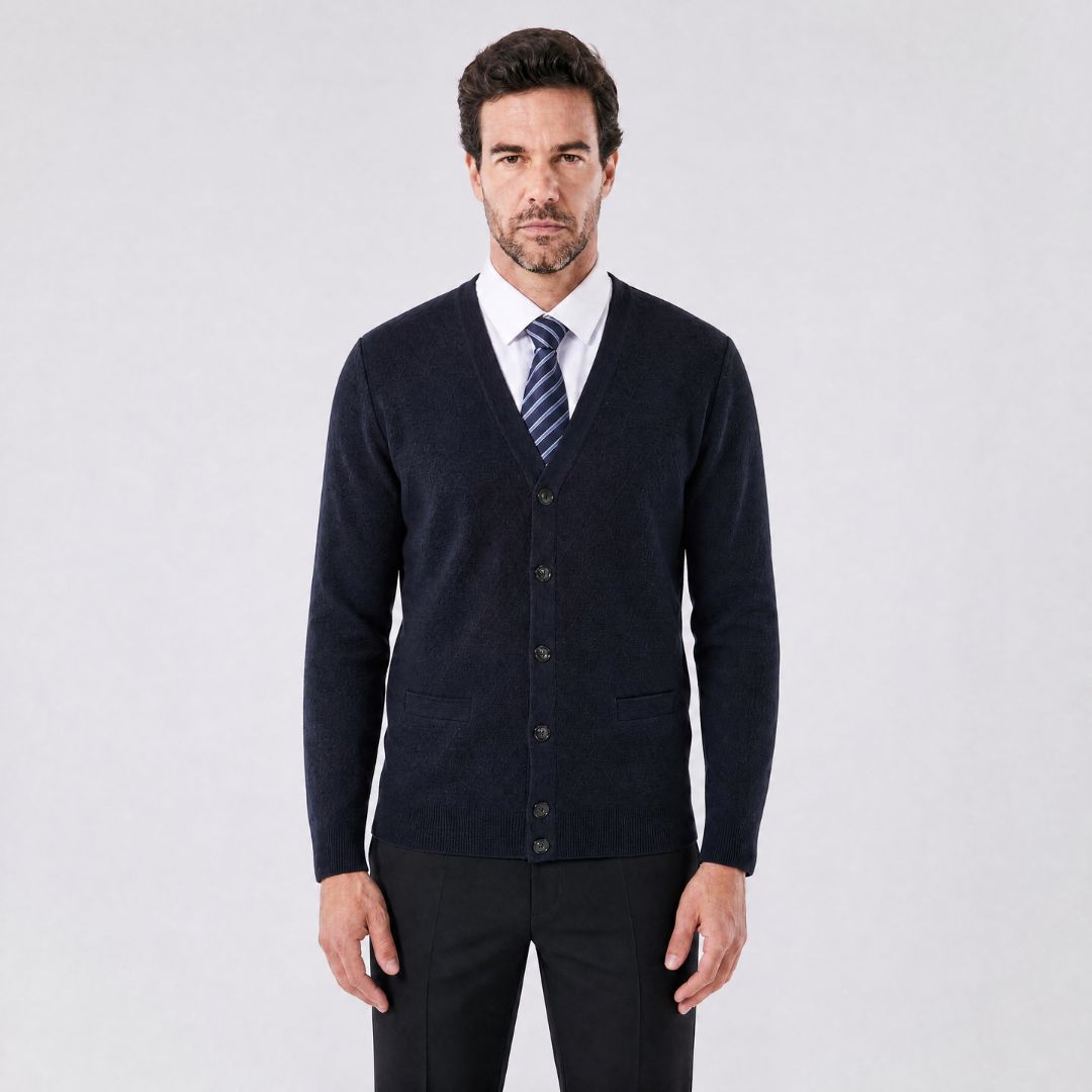 Cardigan Masculino Executivo Argyle com Gola V azul marinho