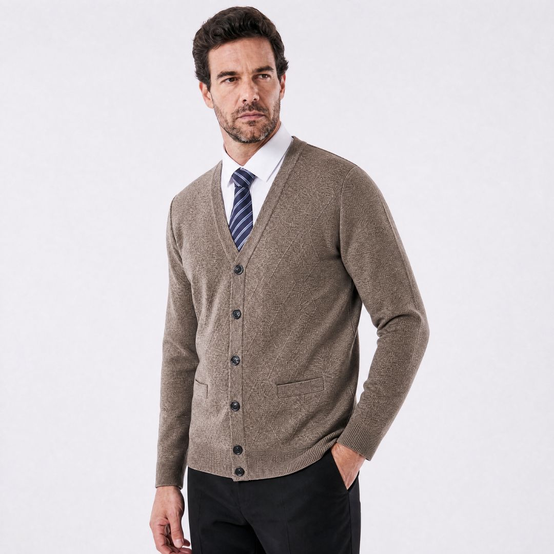 Cardigan Masculino Executivo Argyle com Gola V caqui
