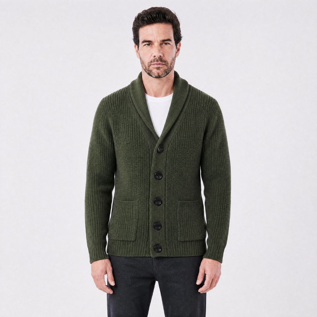 Cardigan Masculino Tricot Canelado com Gola Shawl verde