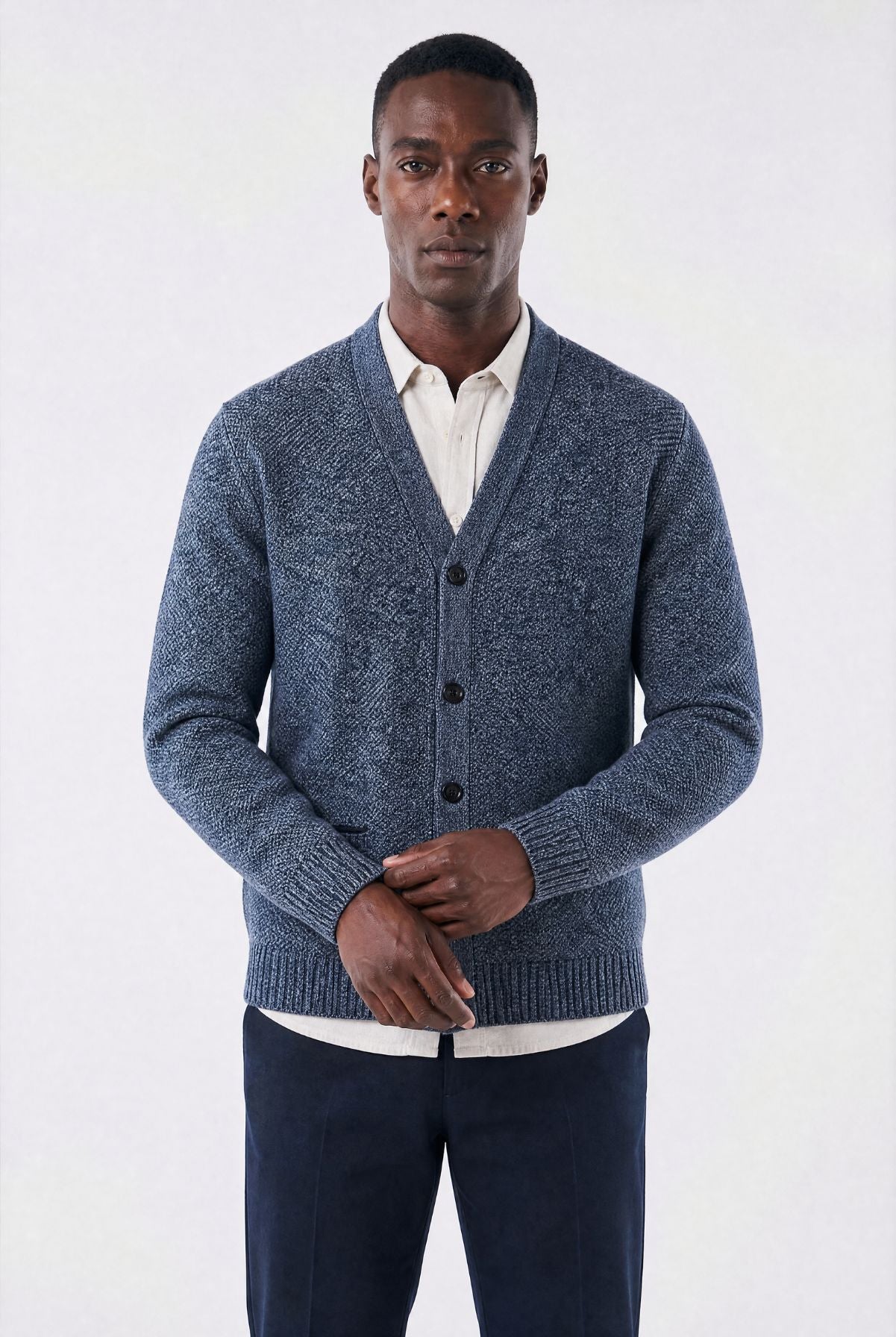 Cardigan Masculino em Lã Mesclada com Forro Xadrez