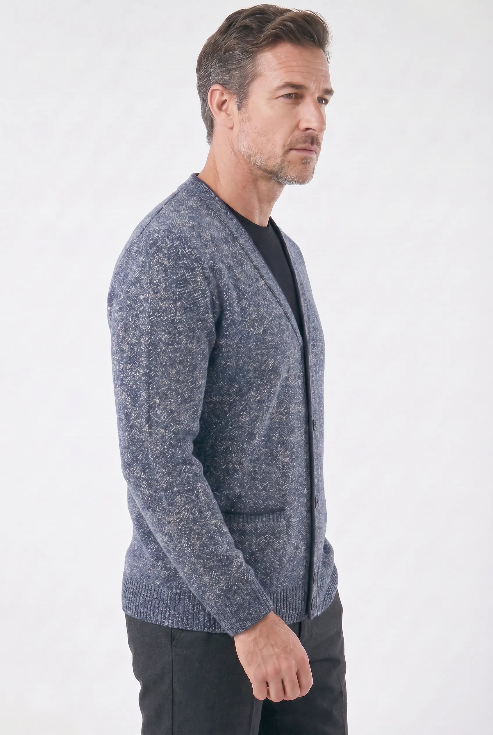 Cardigan Masculino em Lã Mesclada com Forro Xadrez