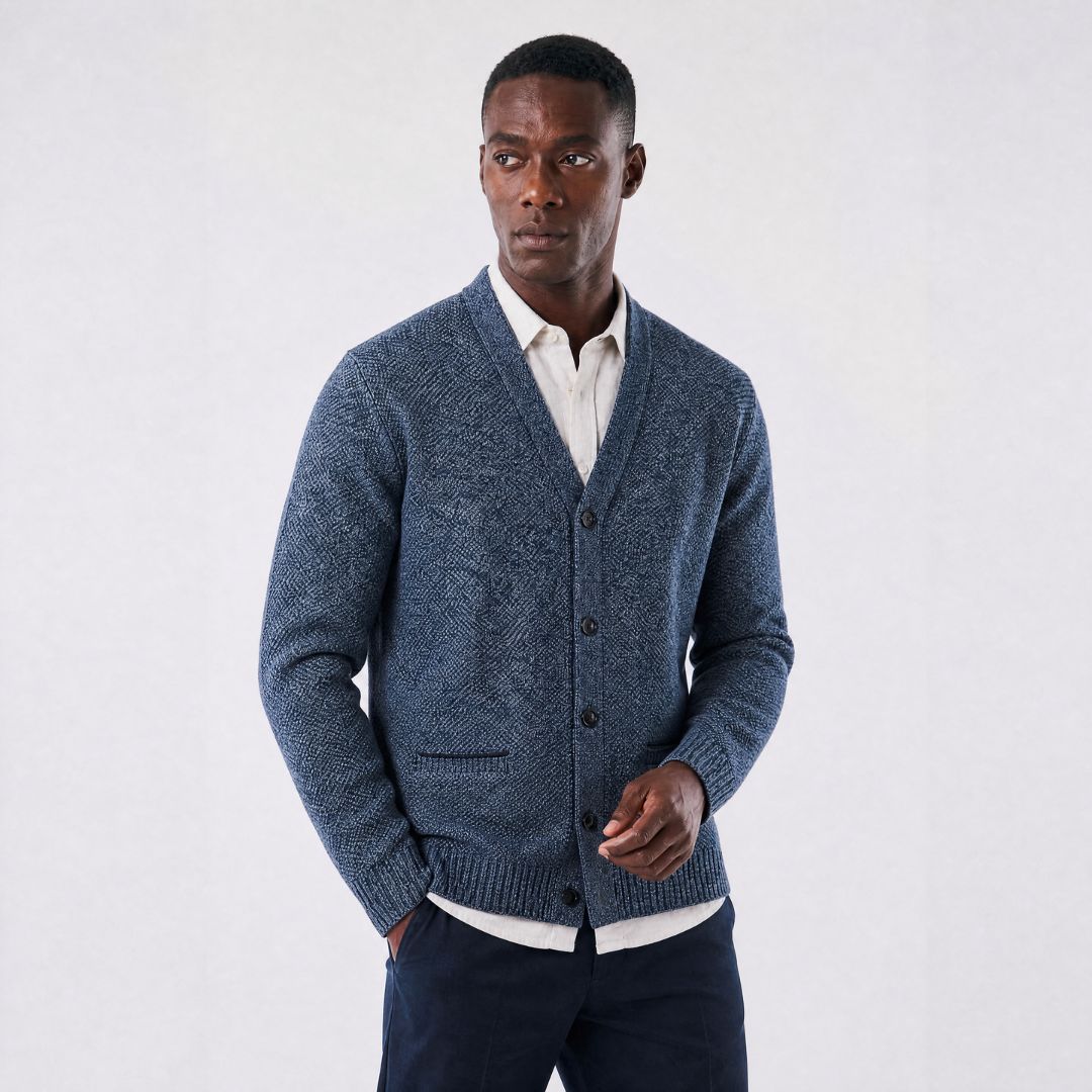Cardigan Masculino em Lã Mesclada com Forro Xadrez azul
