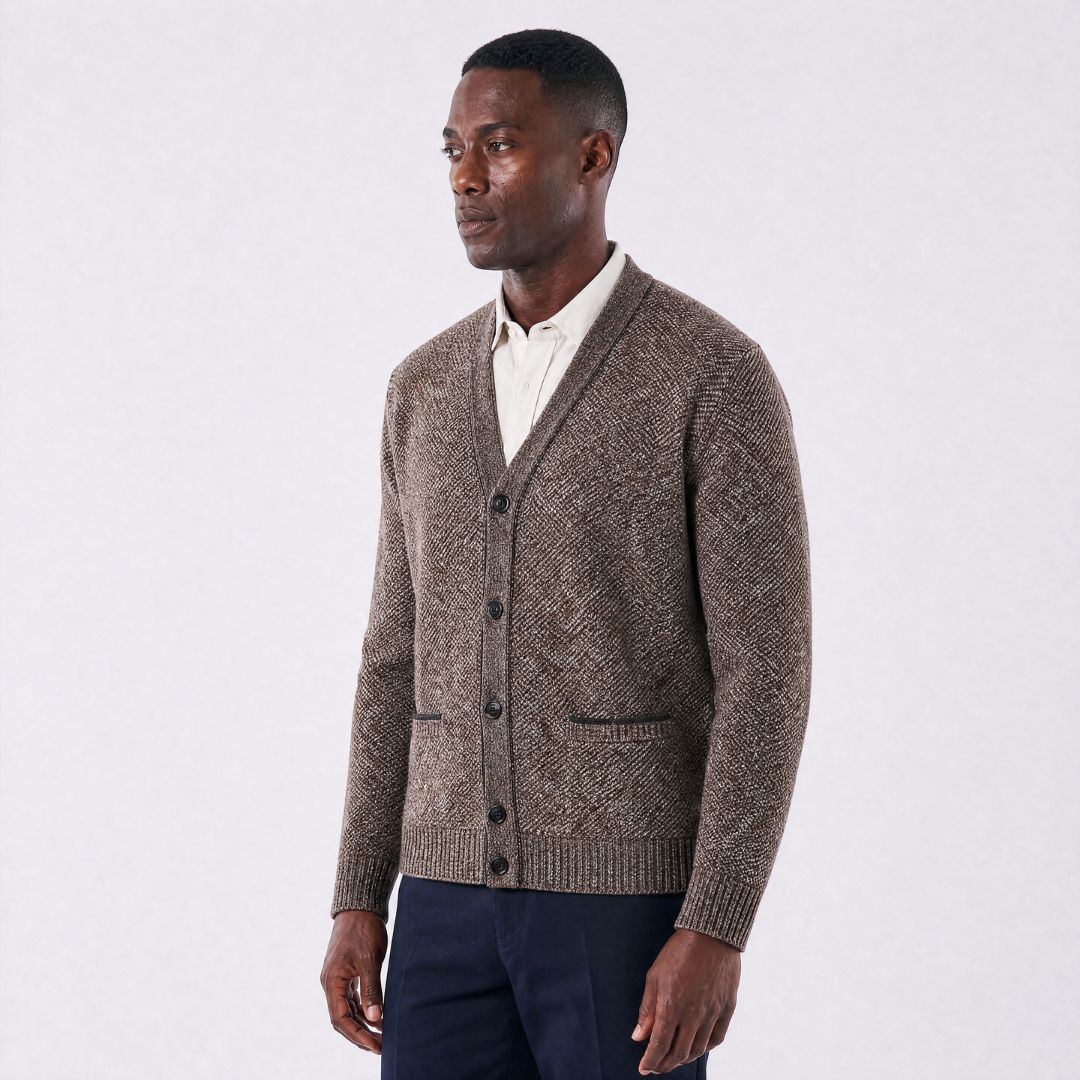 Cardigan Masculino em Lã Mesclada com Forro Xadrez cafe