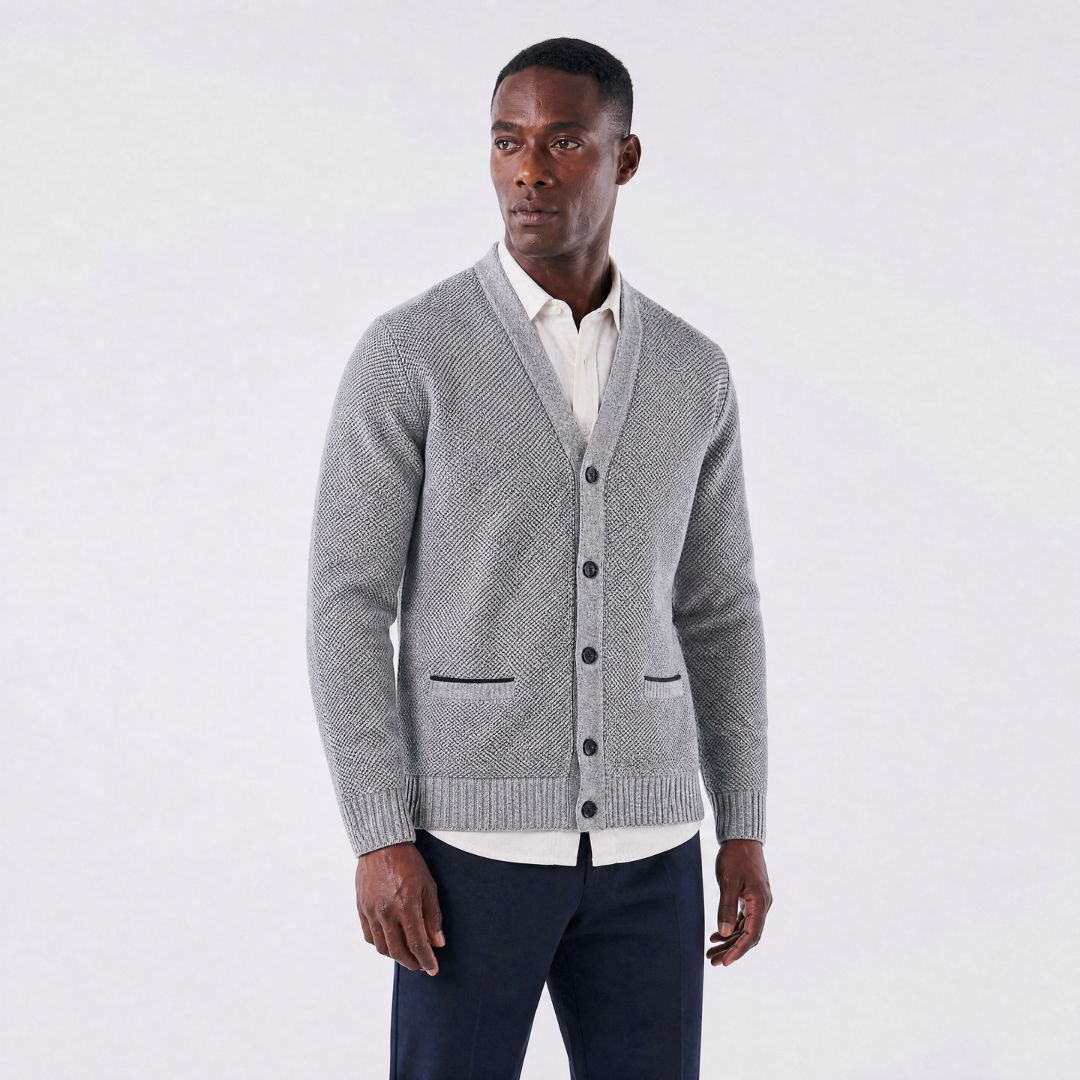 Cardigan Masculino em Lã Mesclada com Forro Xadrez cinza claro