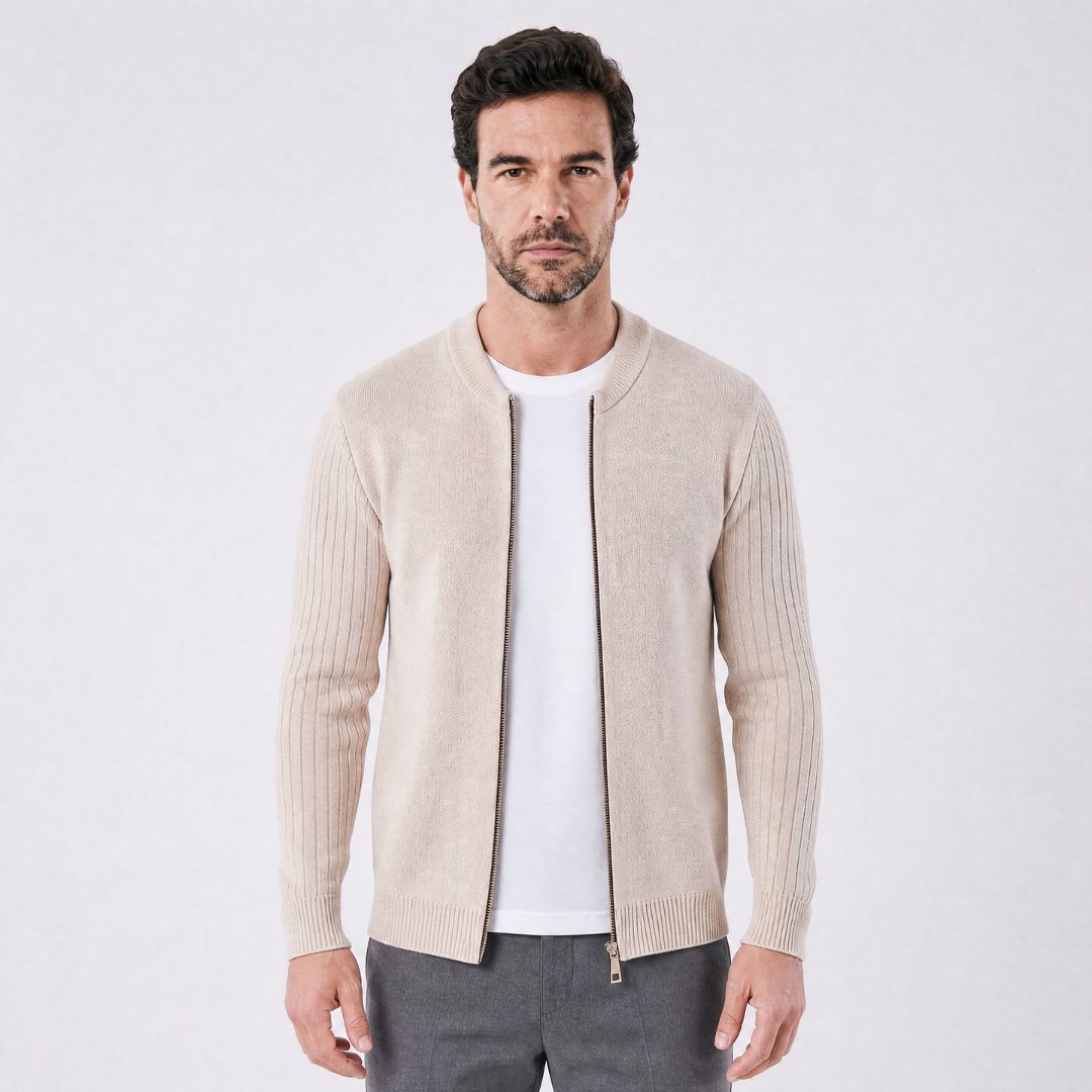 Cardigan Masculino em La com Ziper Central bege