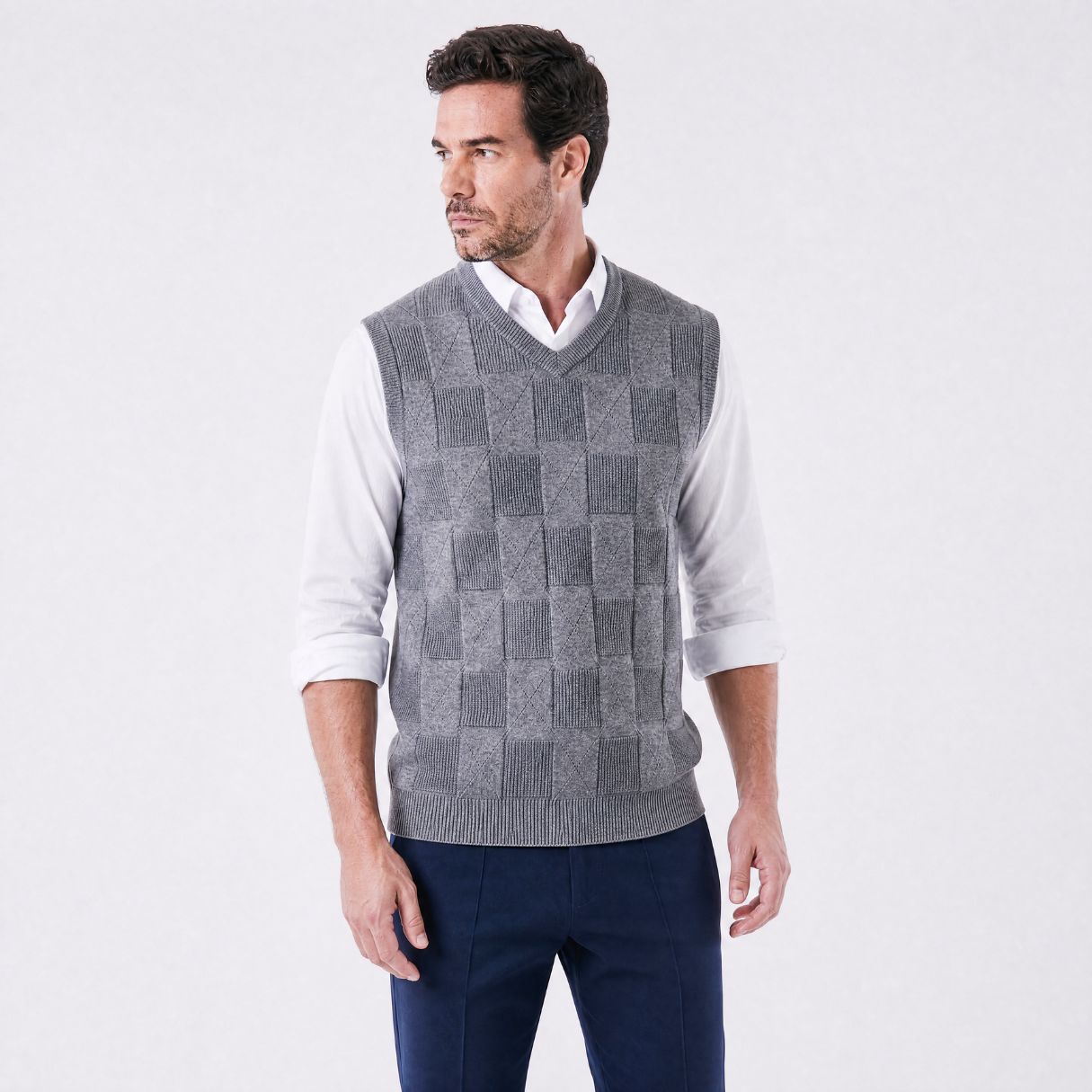 Colete Masculino Tricot Xadrez com Design Clássico cinza
