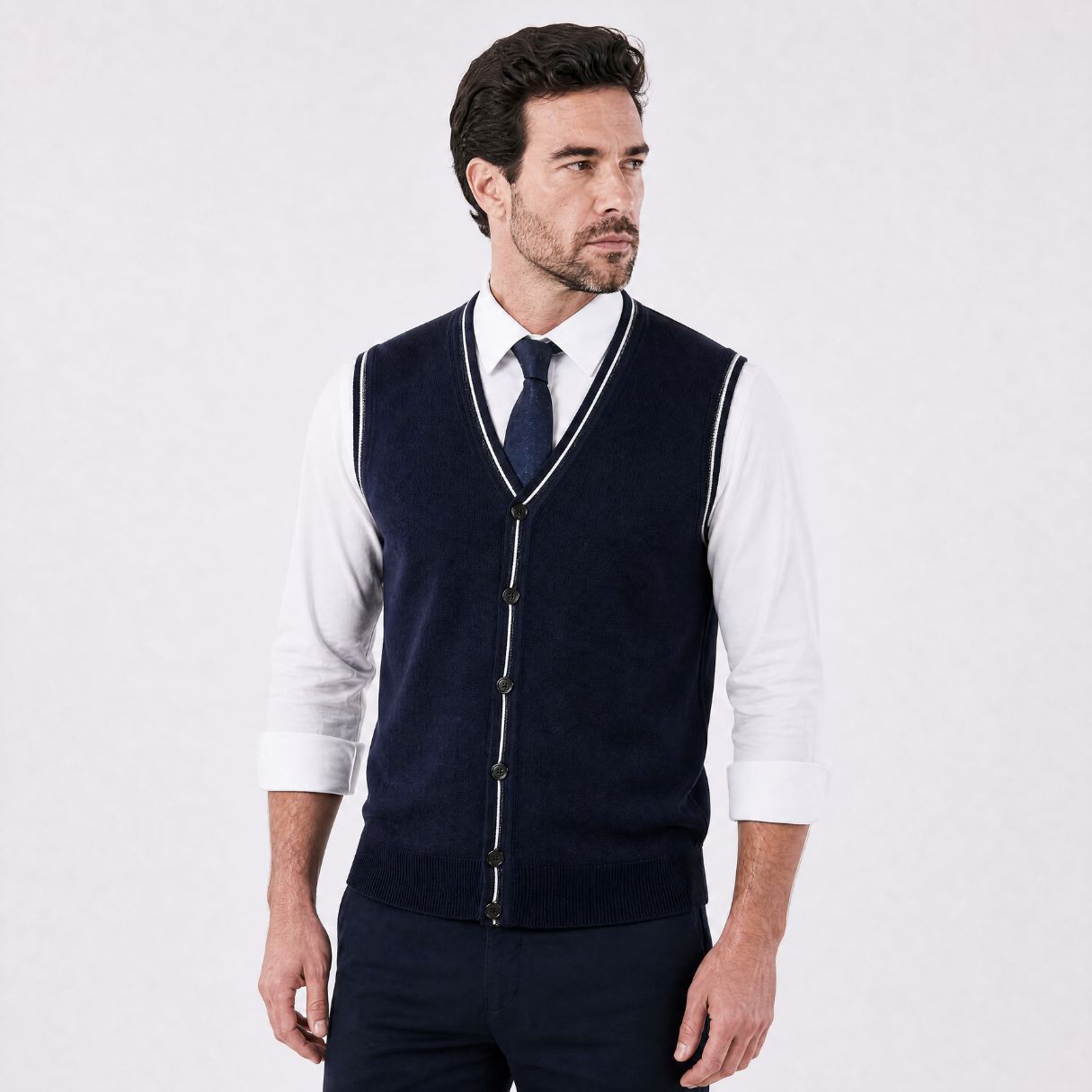 Colete Masculino em Lã com Botões Frontais Clássico azul marinho