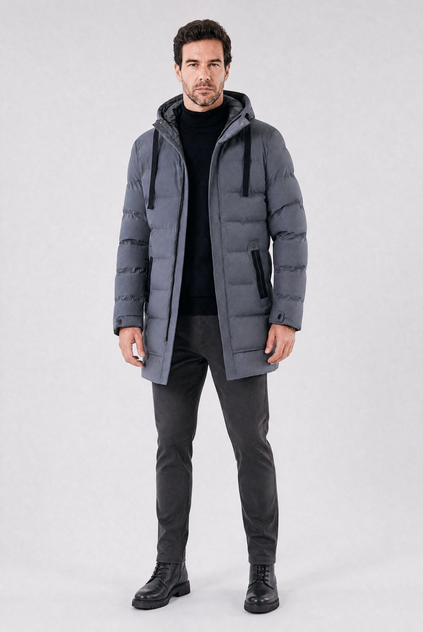 Jaqueta Masculina Puffer Longa Impermeável com Capuz