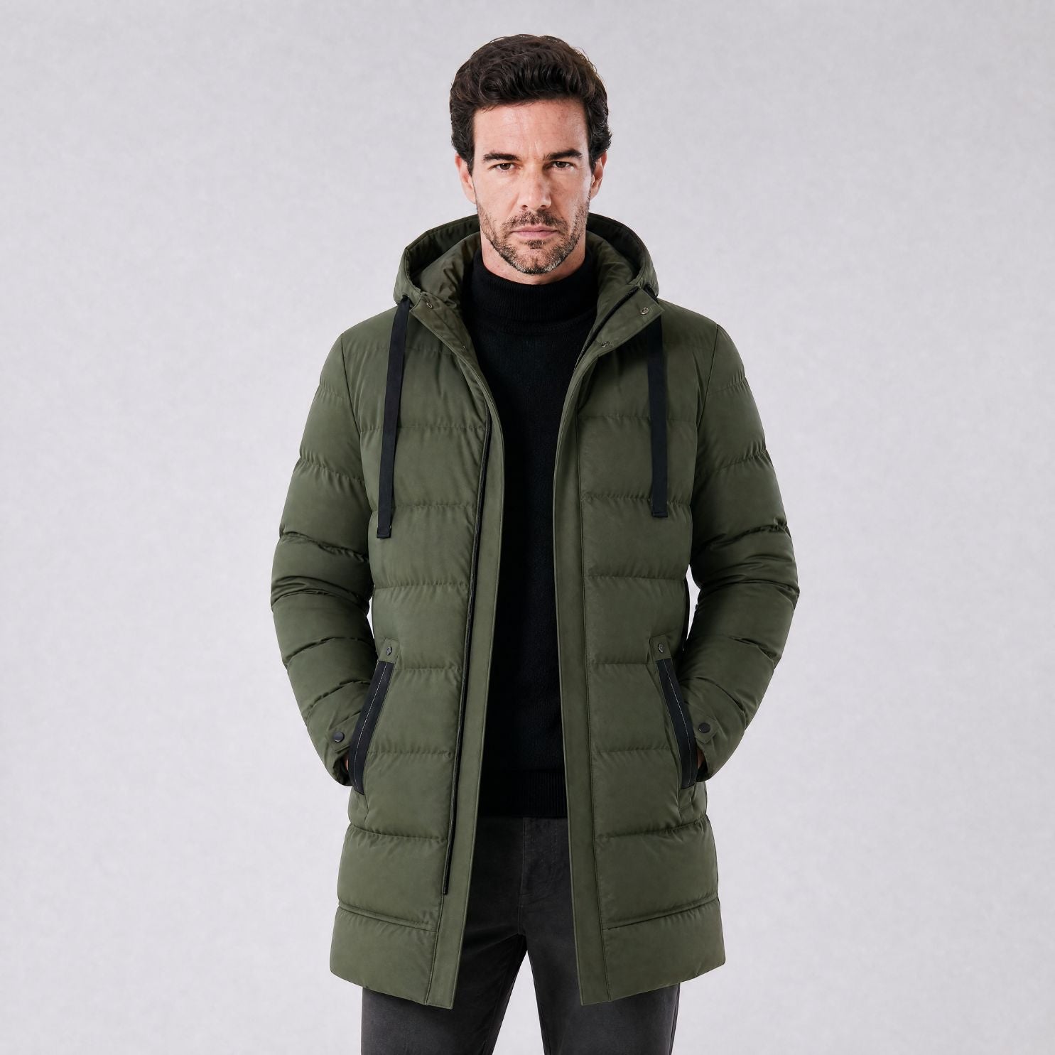 Jaqueta Masculina Puffer Longa Impermeável com Capuz verde