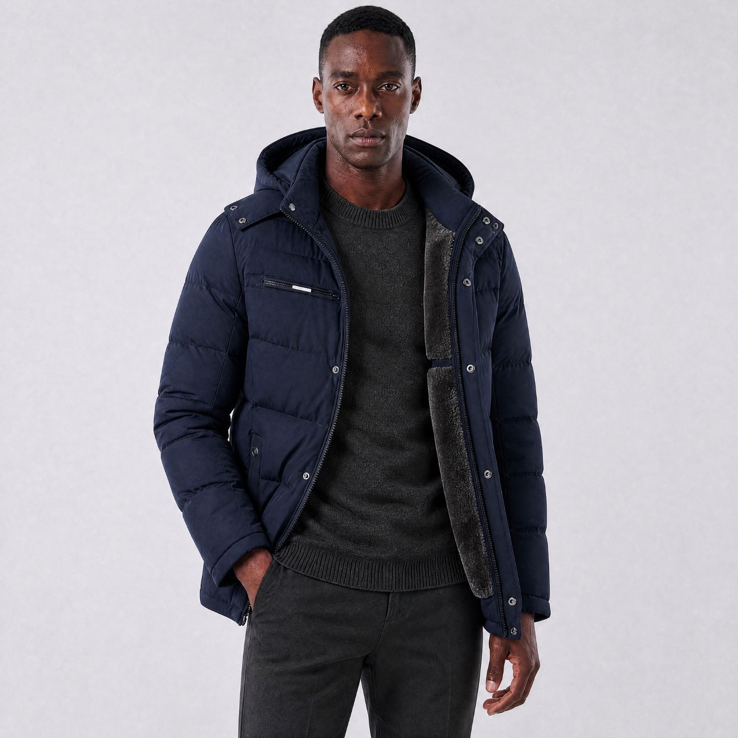 Jaqueta Masculina Puffer com Forro de Lã e Capuz Removível azul marinho