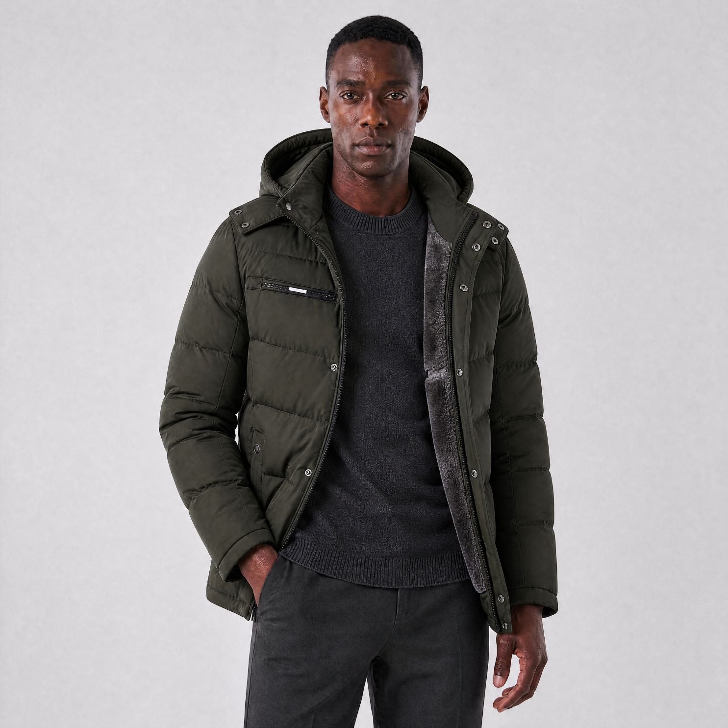 Jaqueta Masculina Puffer com Forro de Lã e Capuz Removível verde