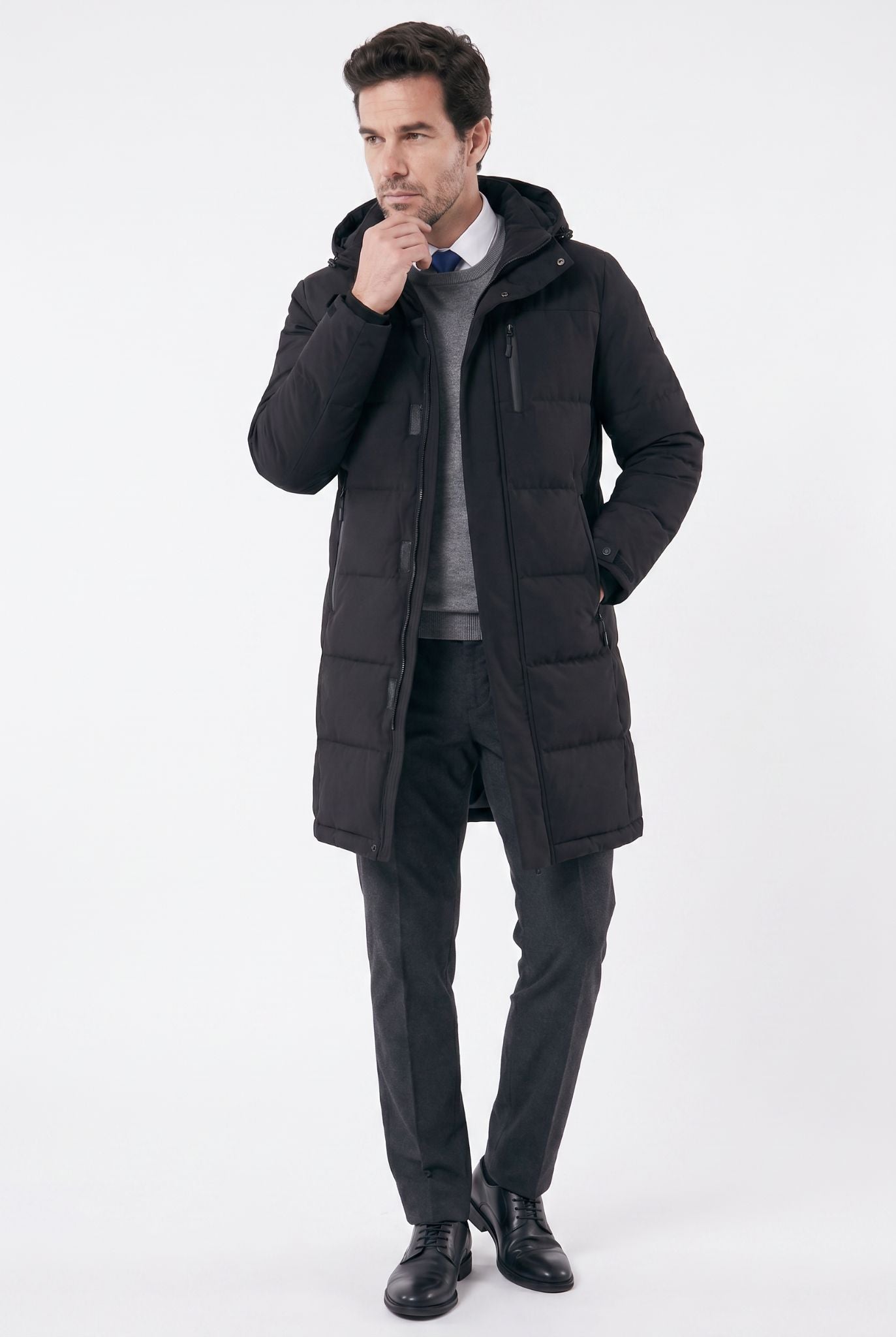 Sobretudo Masculino Puffer Médio com Capuz Jersey