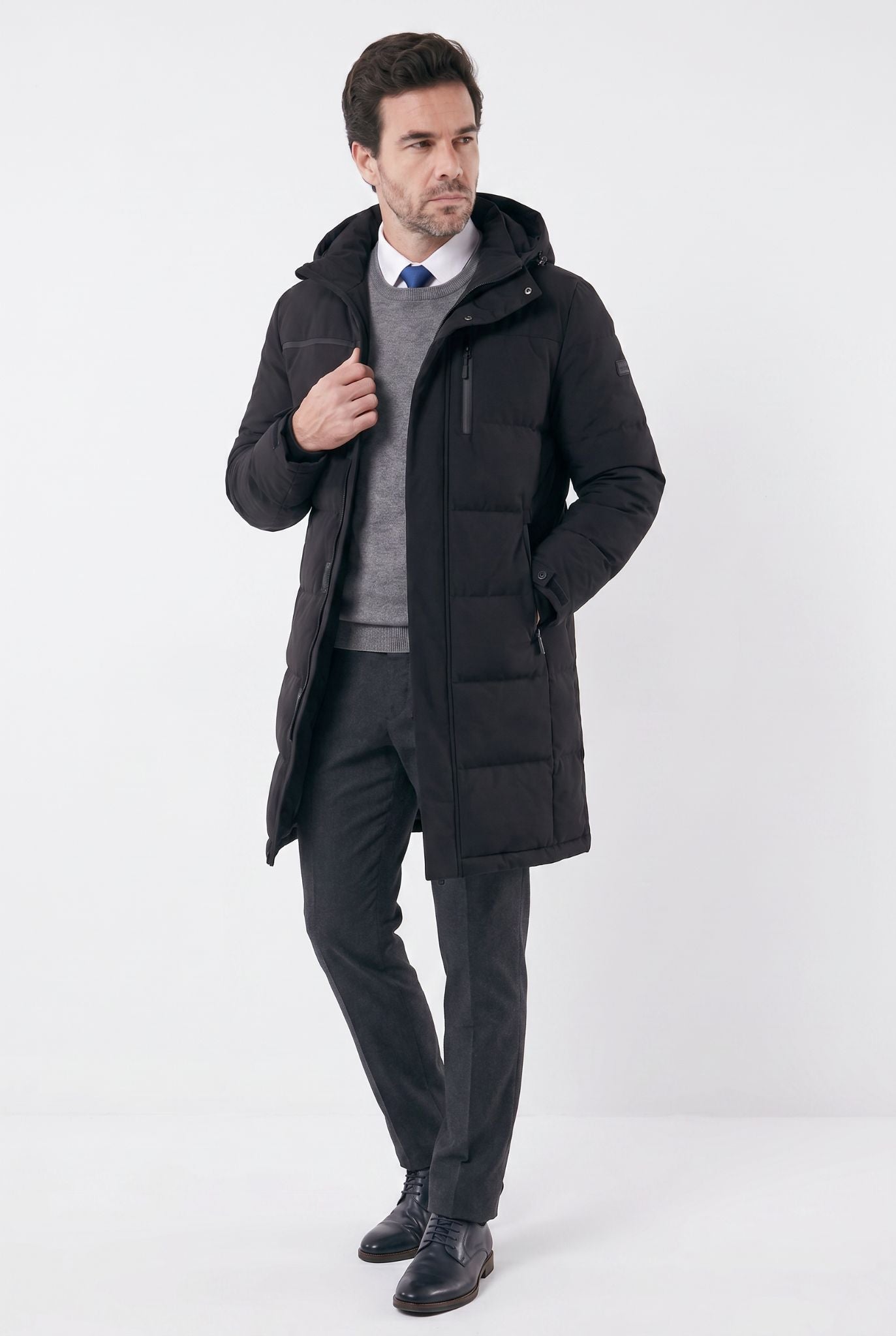 Sobretudo Masculino Puffer Médio com Capuz Jersey