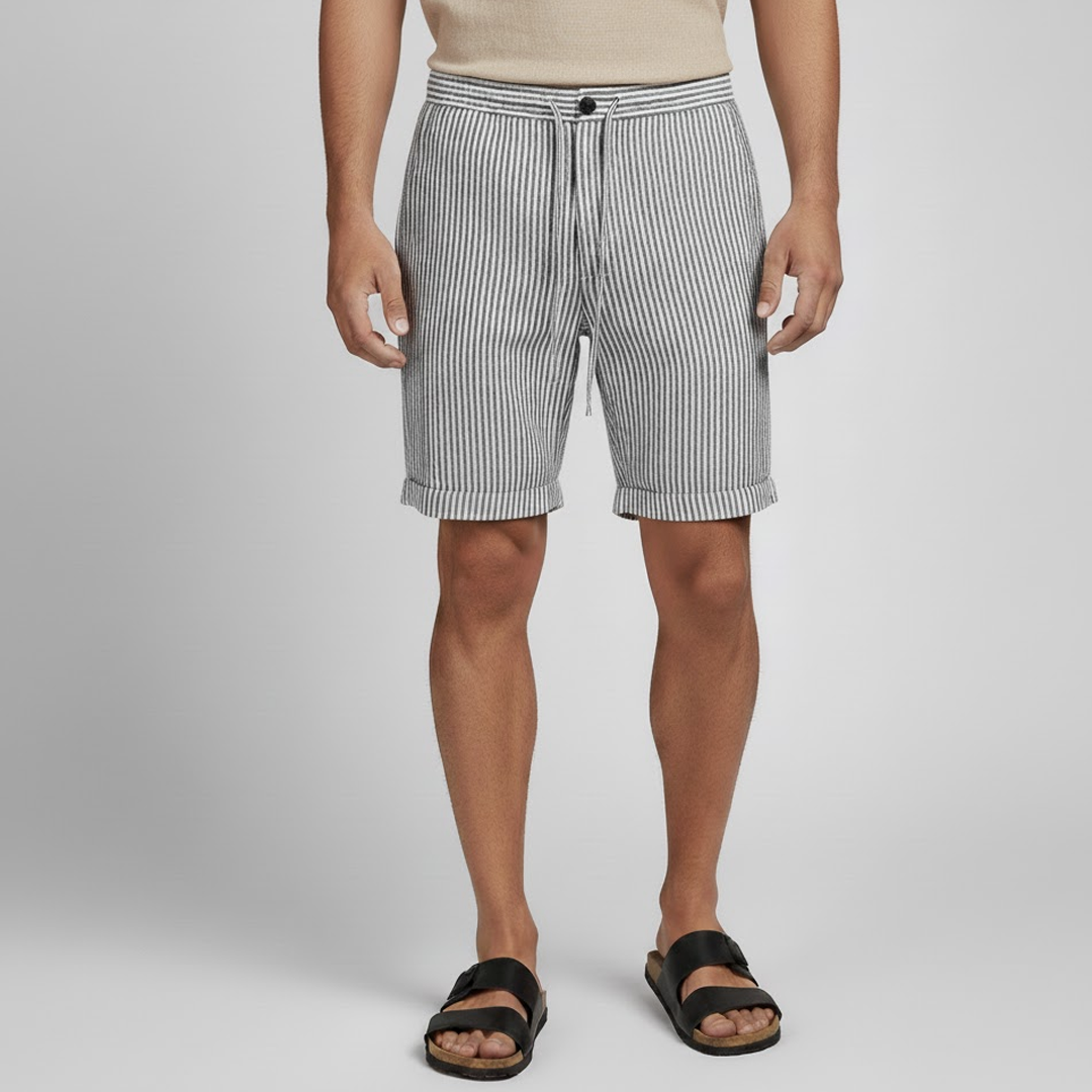 Bermuda Masculina Linho Listrada branco com cinza 