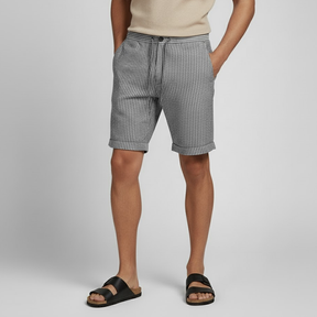 Bermuda Masculina Linho Listrada cinza com branco 