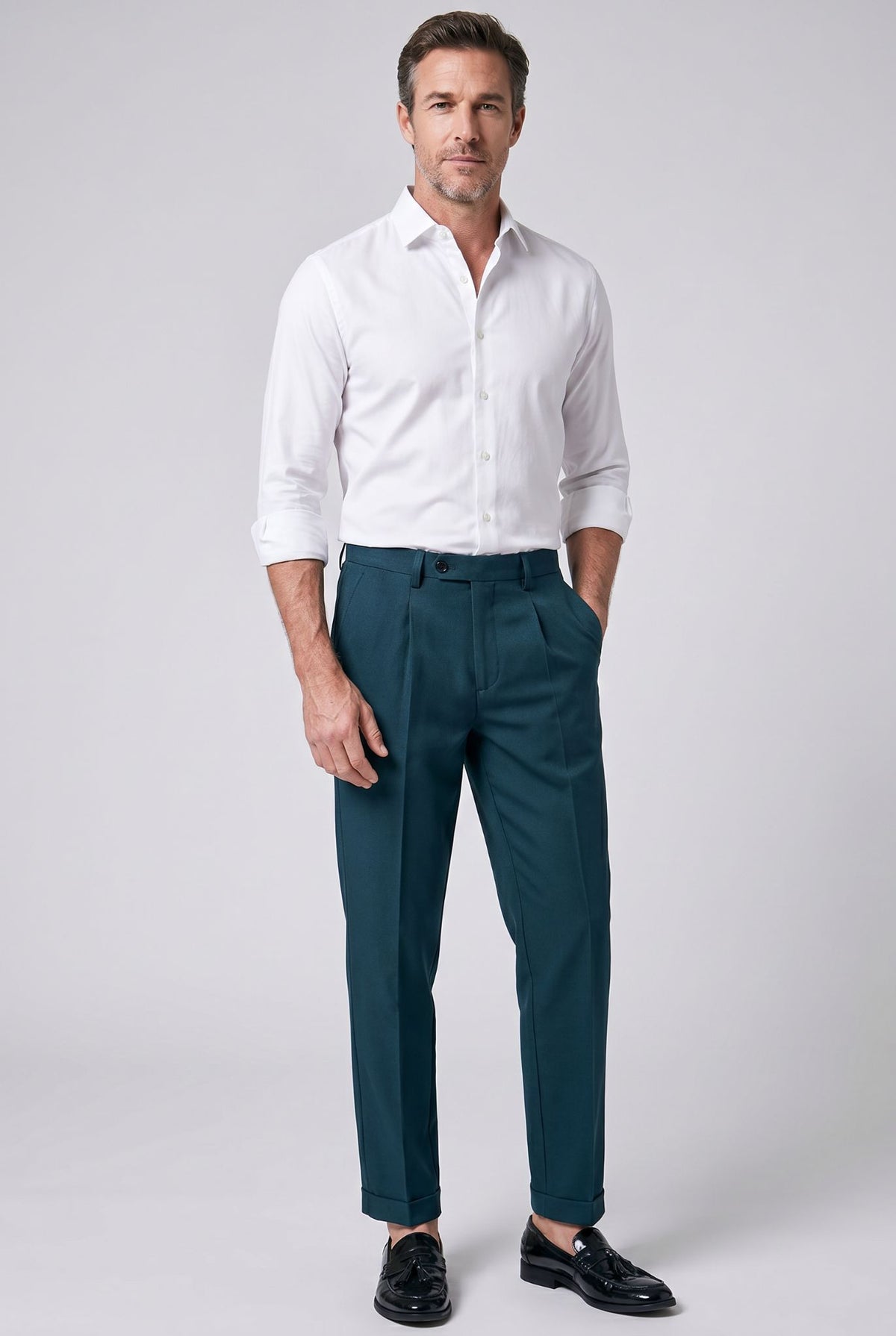 Calça Alfaiataria Masculina em Poliviscose Acetinada Verde Musgo