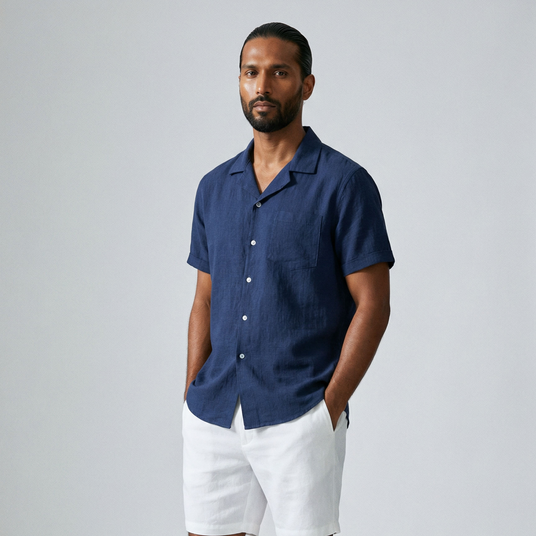 Camisa de Linho Masculina Gola Turista - azul 