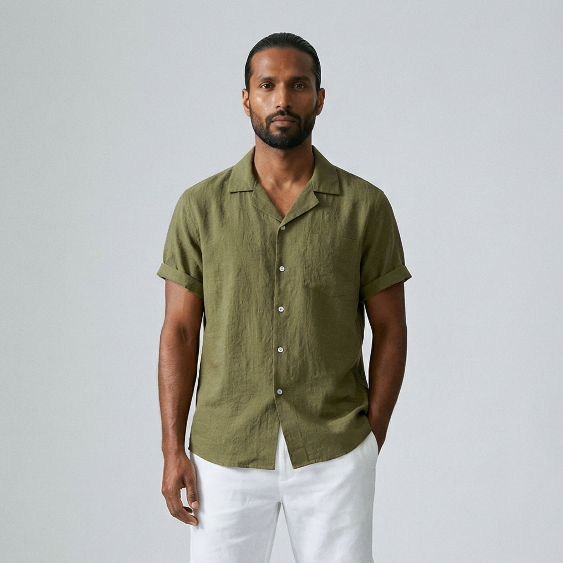 Camisa de Linho Masculina Gola Turista verde musgo