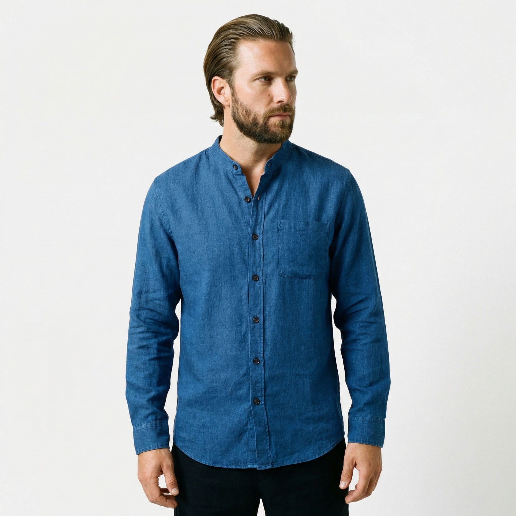 Camisa de Linho Masculina Gola Padre azul