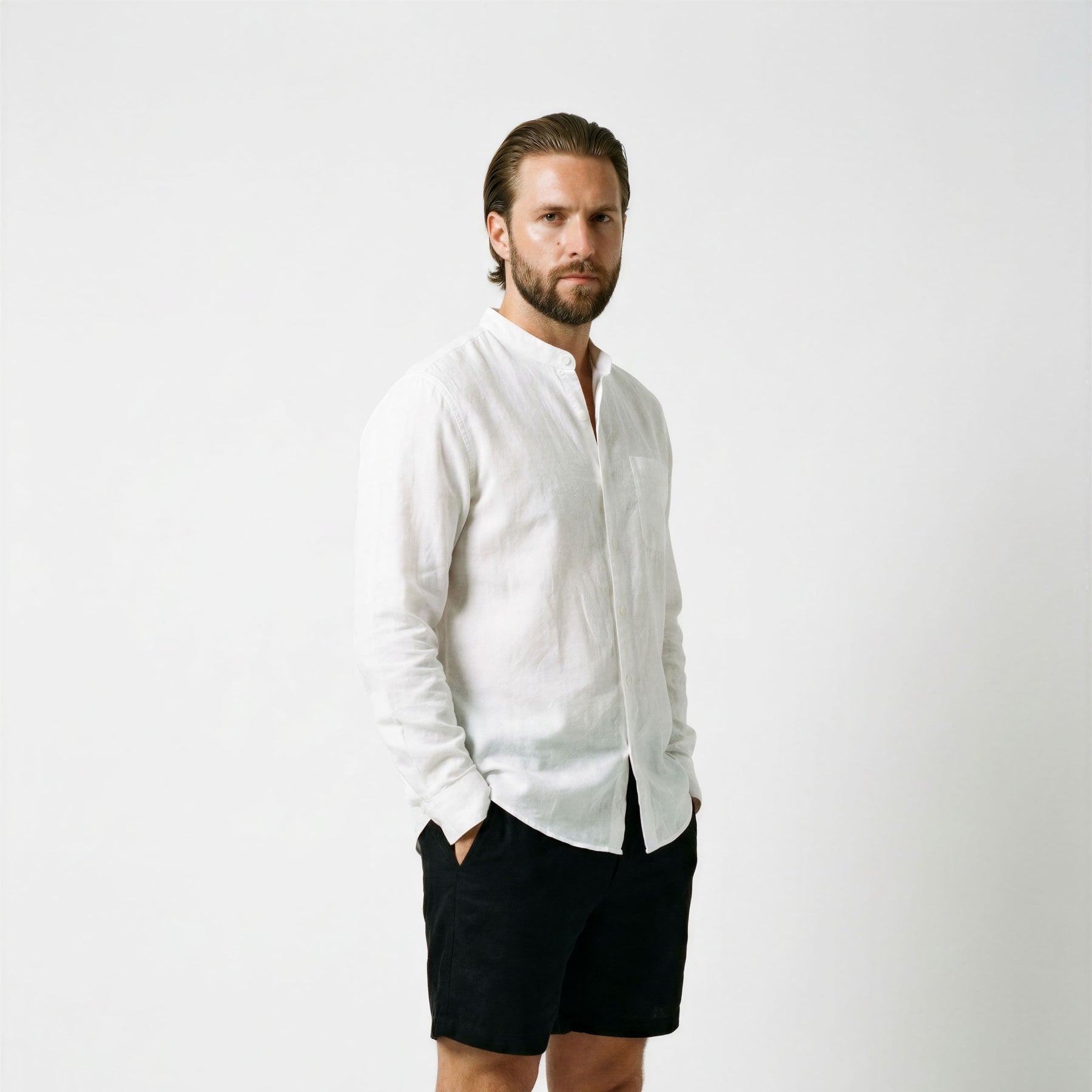 Camisa de Linho Masculina Gola Padre branca