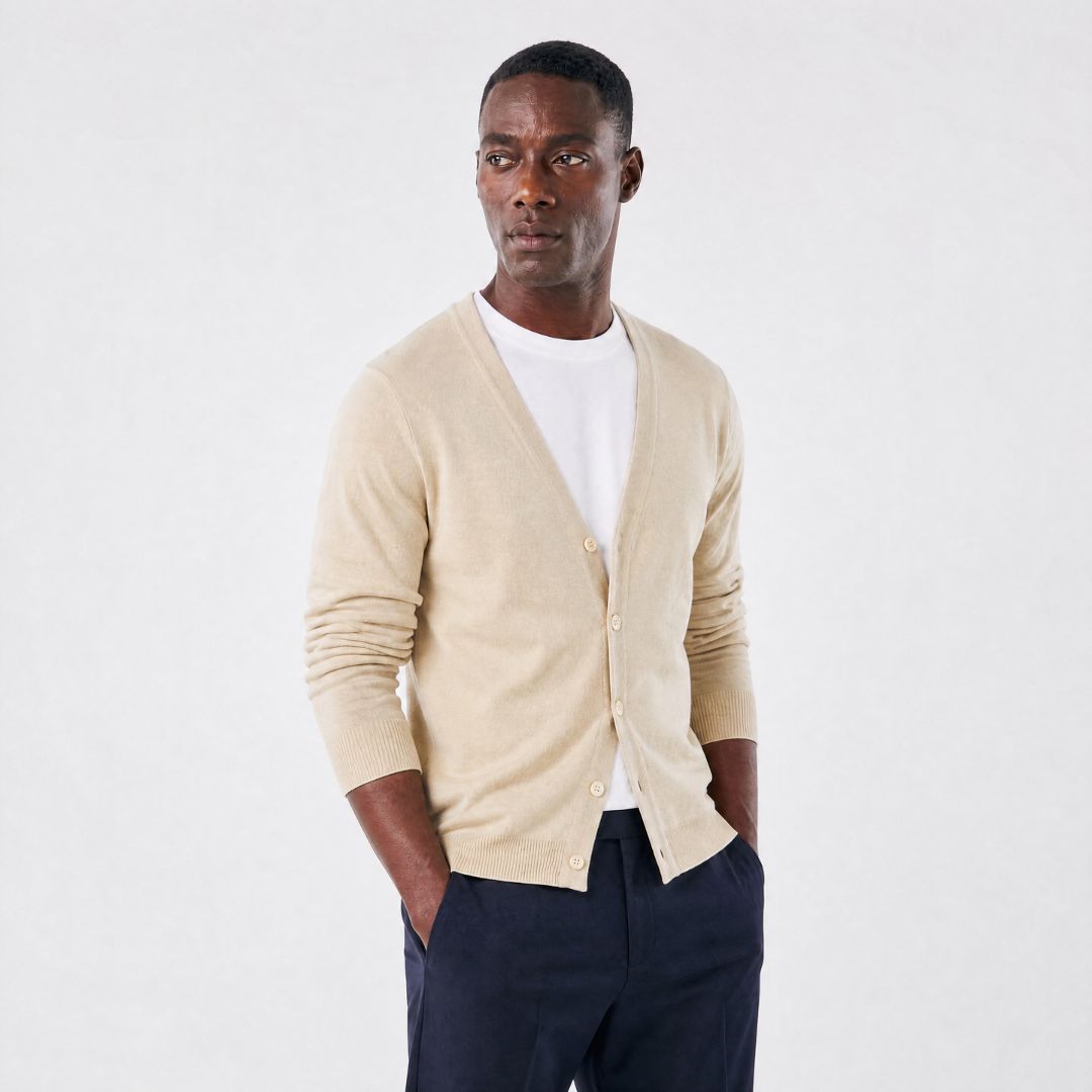 Cardigan Masculino Casual com Gola V em Tricô Leve bege