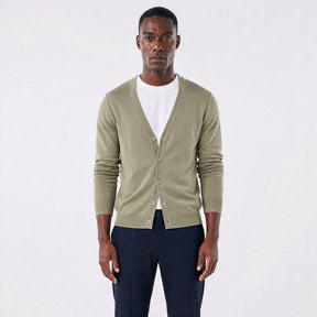 Cardigan Masculino Casual com Gola V em Tricô Leve verde oliva
