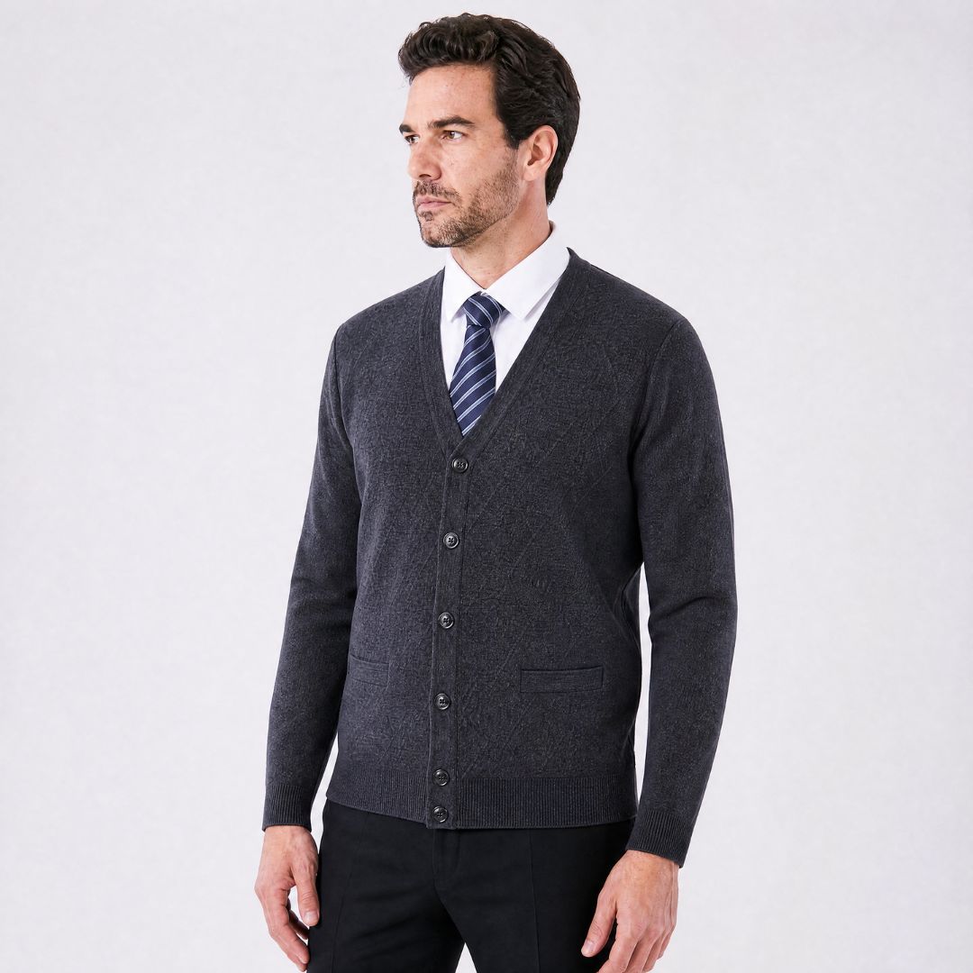 Cardigan Masculino Executivo Argyle com Gola V cinza