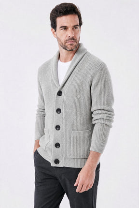 Cardigan Masculino Tricot Canelado com Gola Shawl