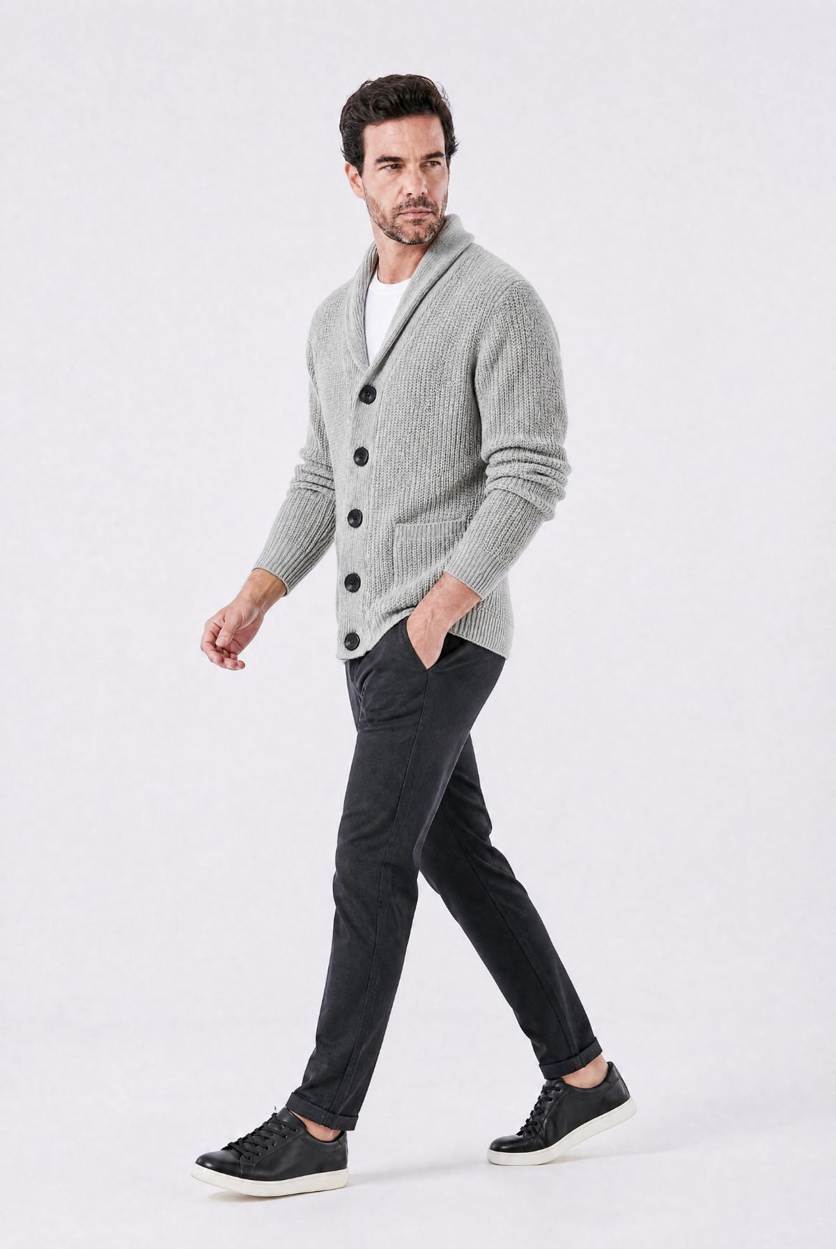 Cardigan Masculino Tricot Canelado com Gola Shawl