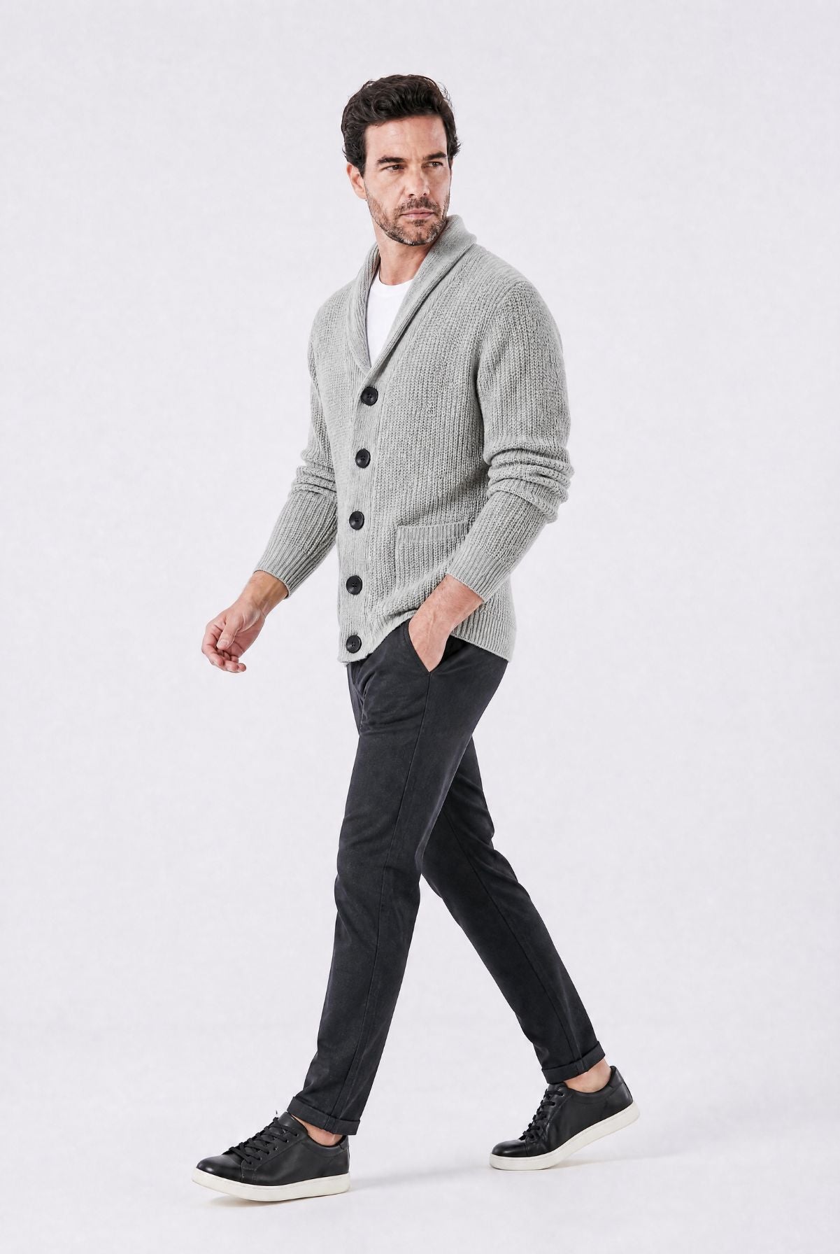 Cardigan Masculino Tricot Canelado com Gola Shawl
