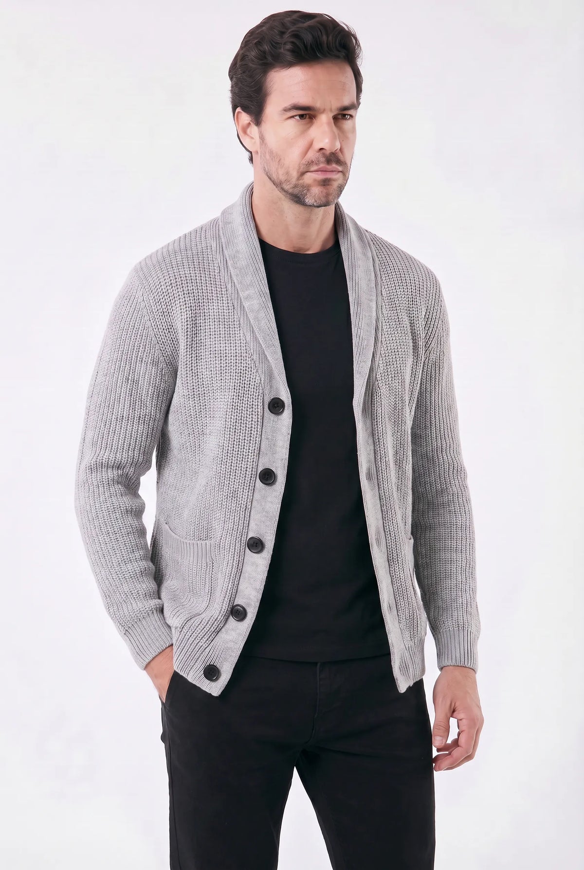 Cardigan Masculino Tricot Canelado com Gola Shawl