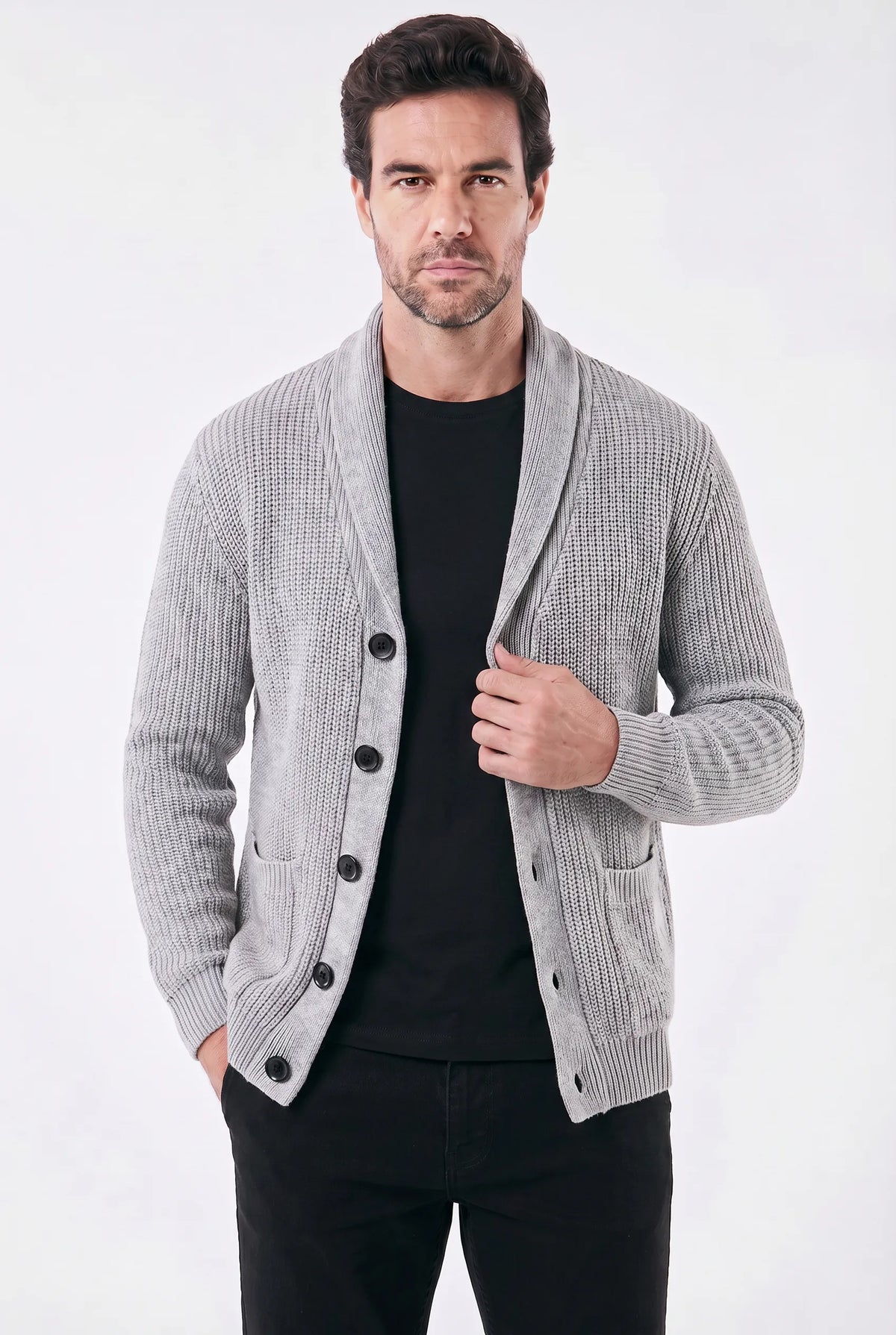 Cardigan Masculino Tricot Canelado com Gola Shawl