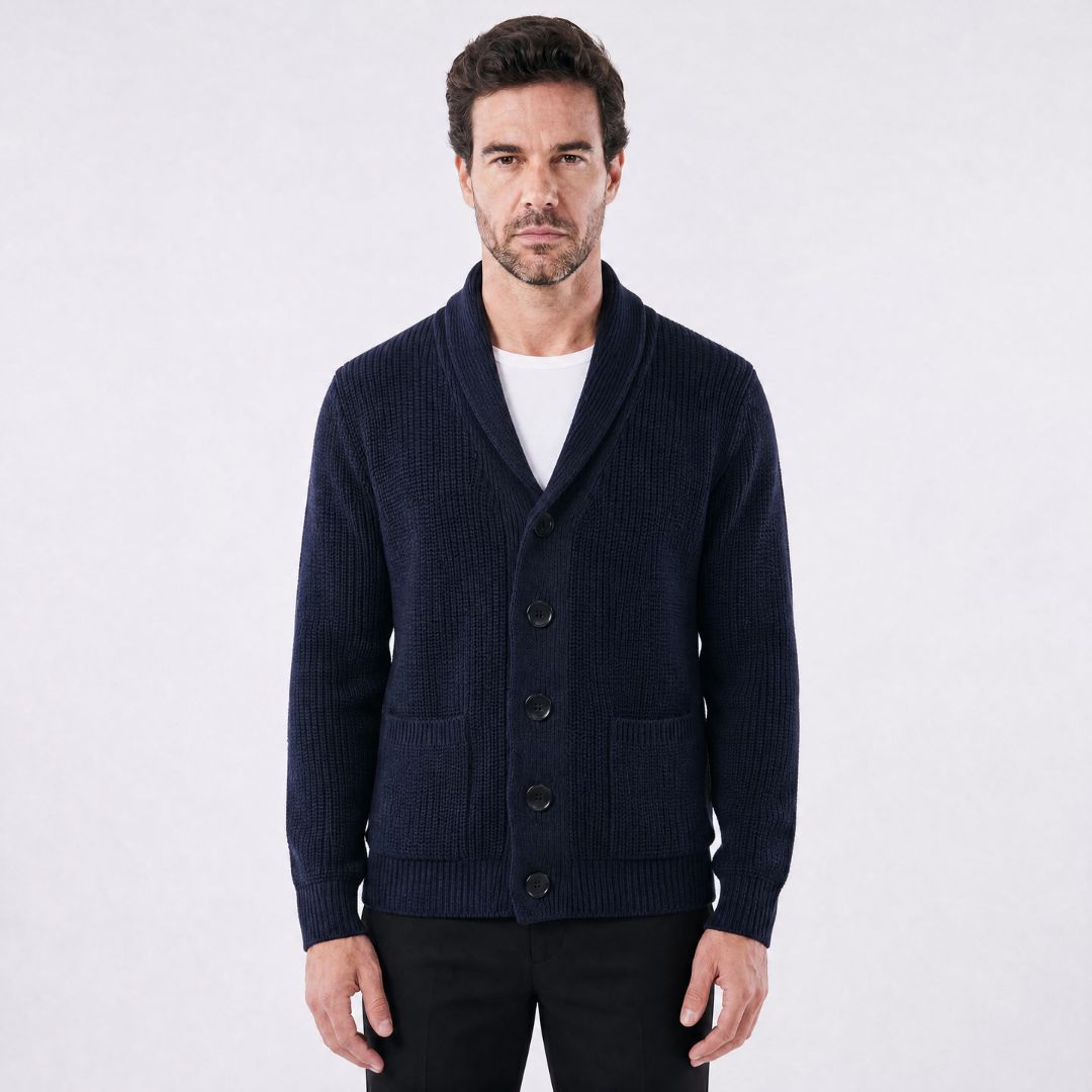 Cardigan Masculino Tricot Canelado com Gola Shawl azul marinho