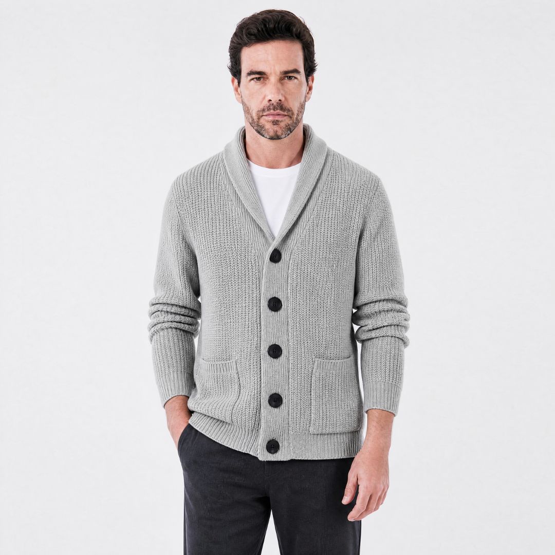 Cardigan Masculino Tricot Canelado com Gola Shawl cinza claro