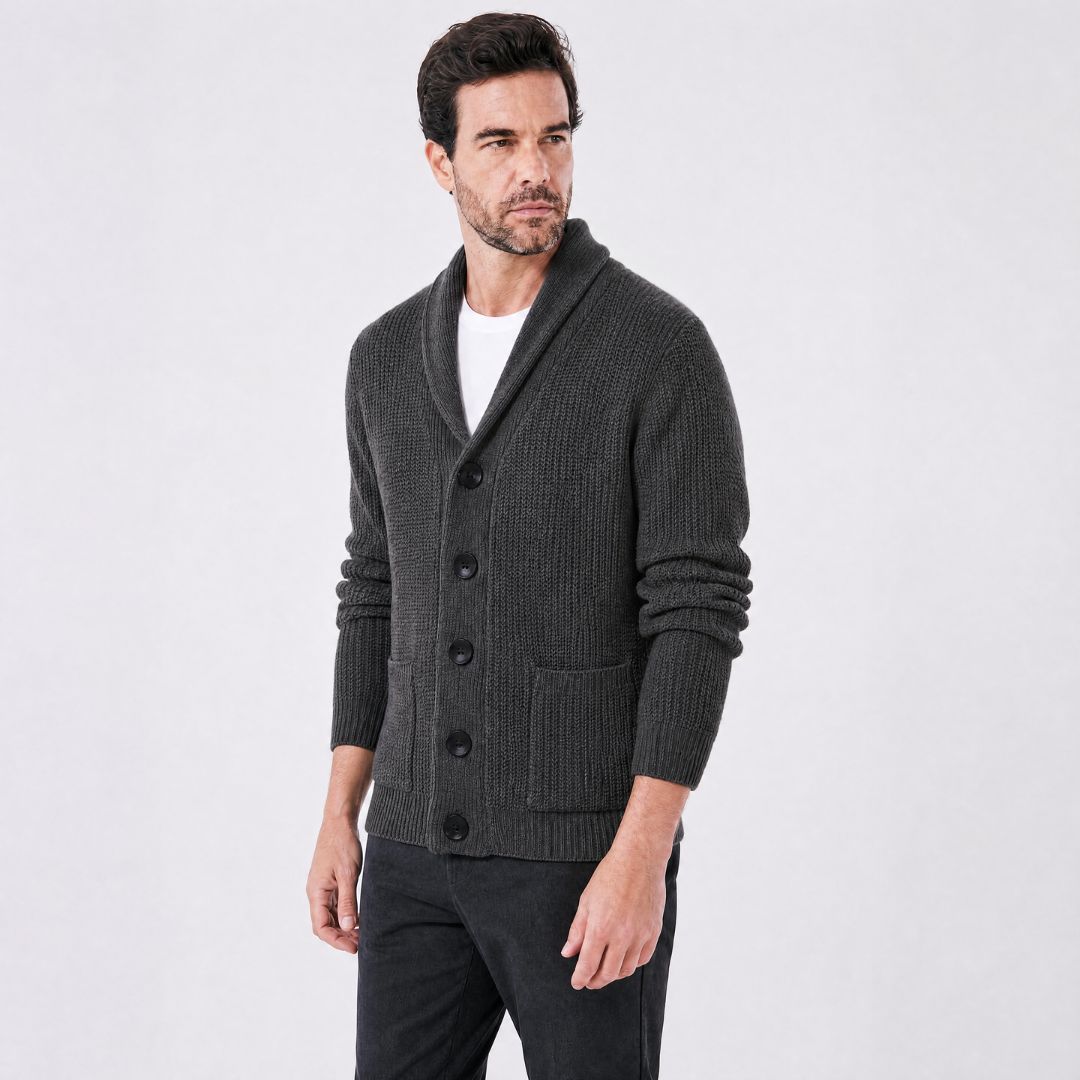 Cardigan Masculino Tricot Canelado com Gola Shawl cinza escuro