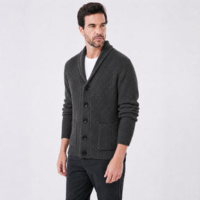 Cardigan Masculino Tricot Canelado com Gola Shawl cinza escuro