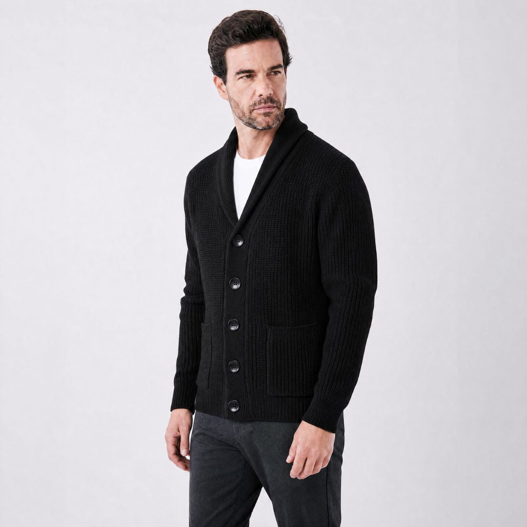 Cardigan Masculino Tricot Canelado com Gola Shawl preto