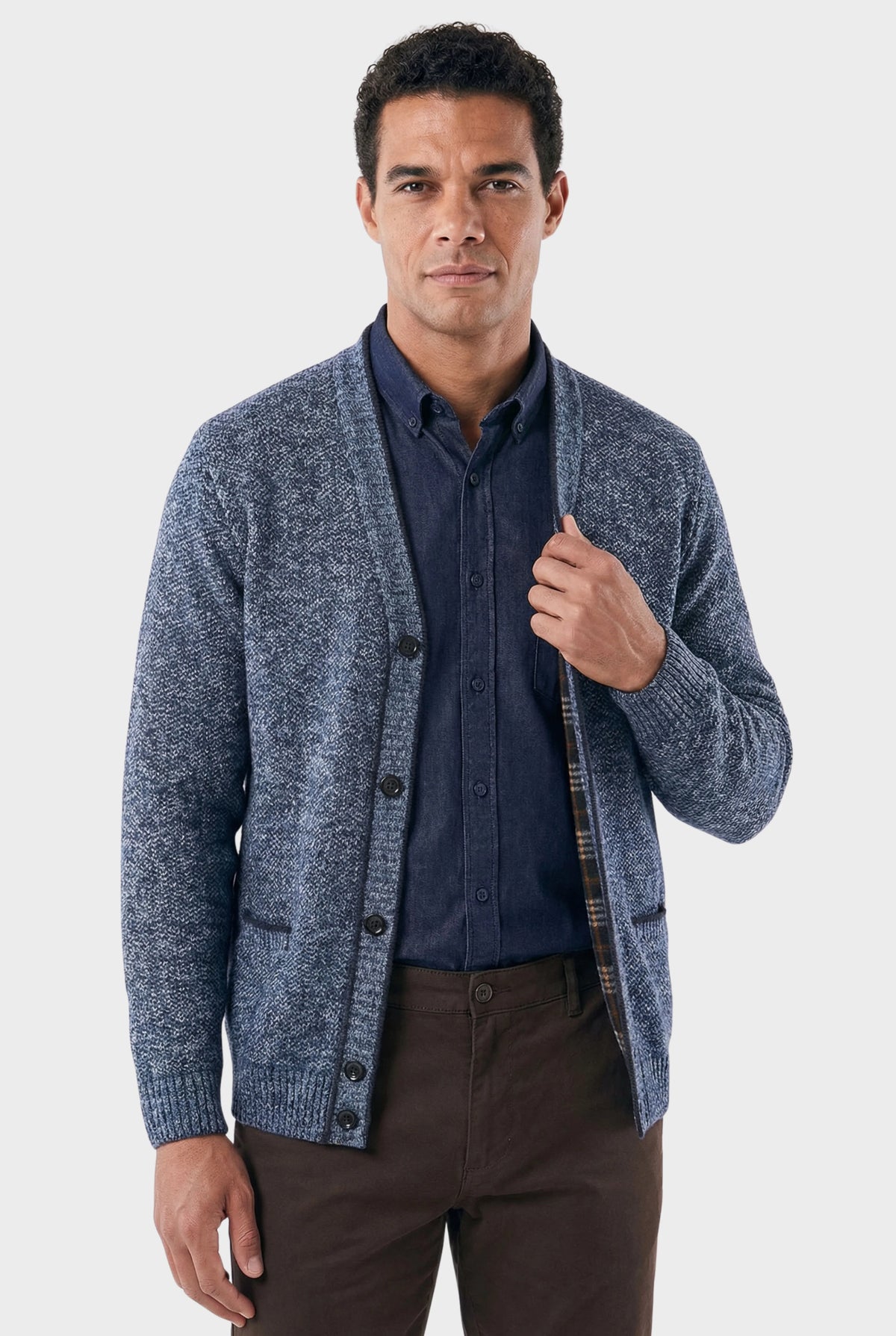 Cardigan Masculino em Lã Mesclada com Forro Xadrez