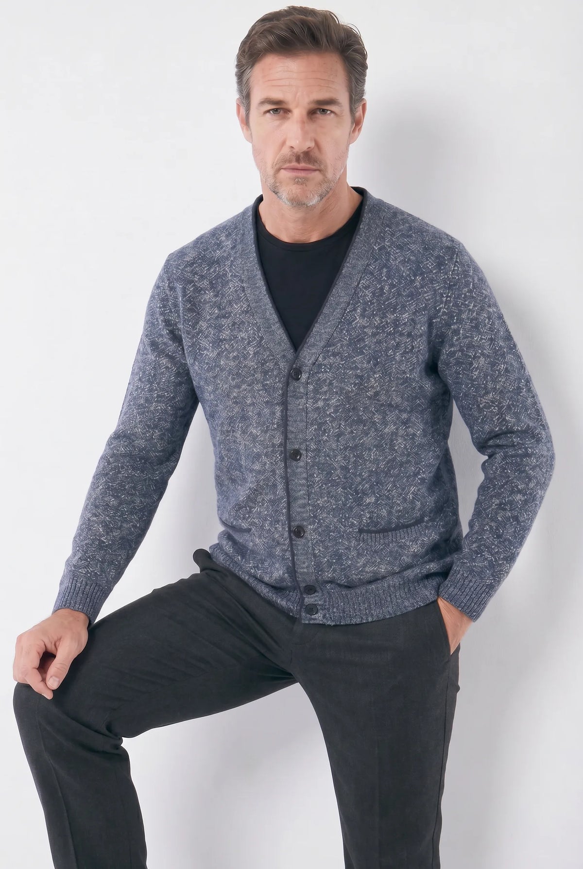 Cardigan Masculino em Lã Mesclada com Forro Xadrez