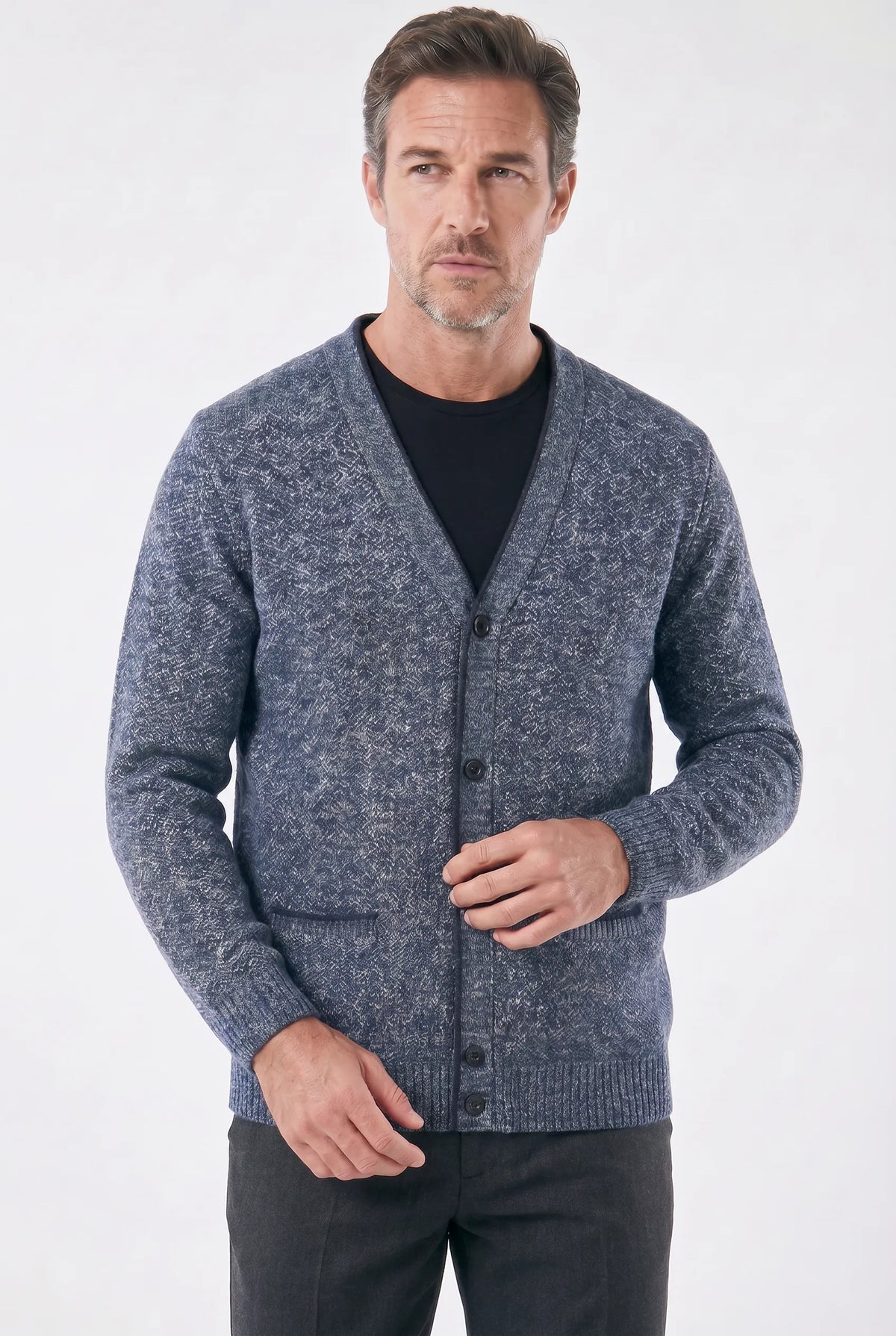 Cardigan Masculino em Lã Mesclada com Forro Xadrez