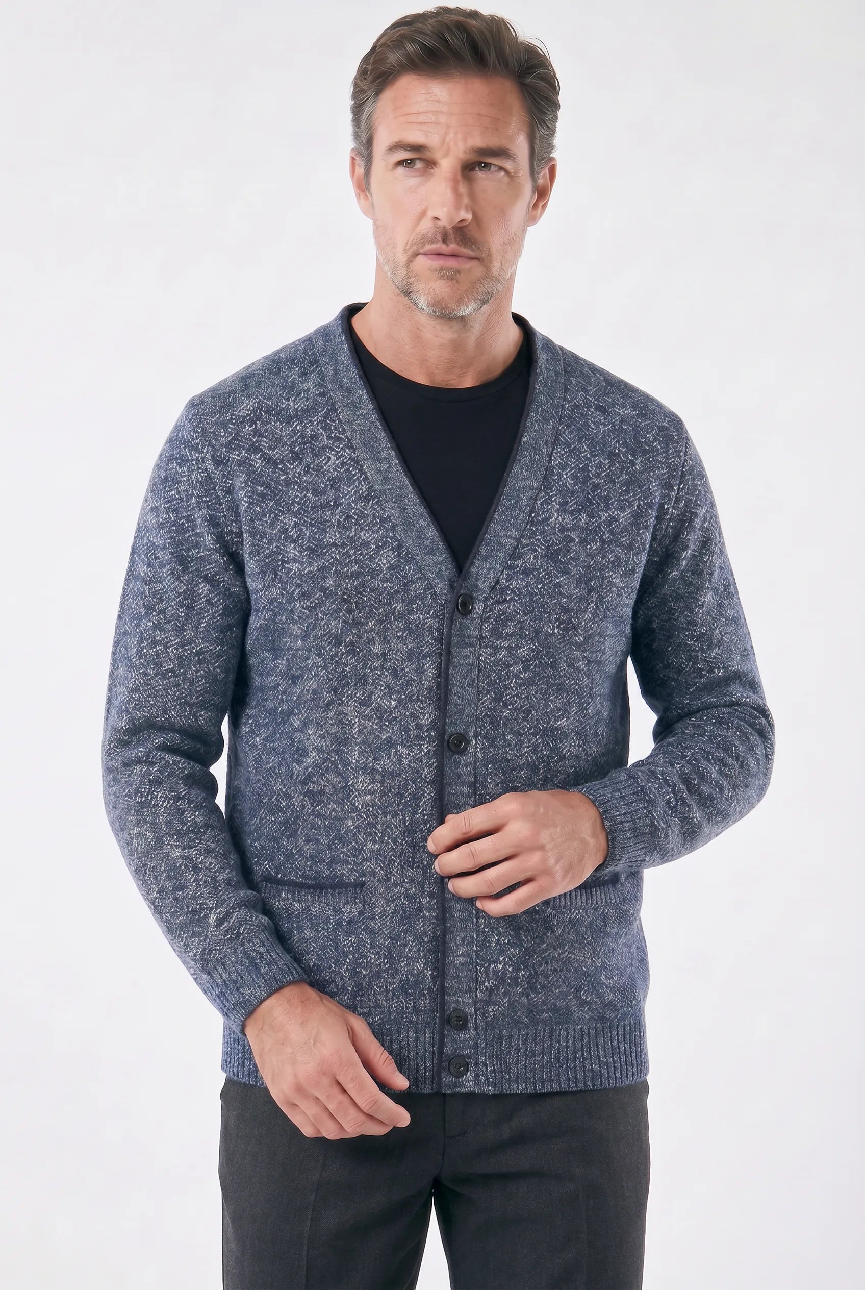 Cardigan Masculino em Lã Mesclada com Forro Xadrez
