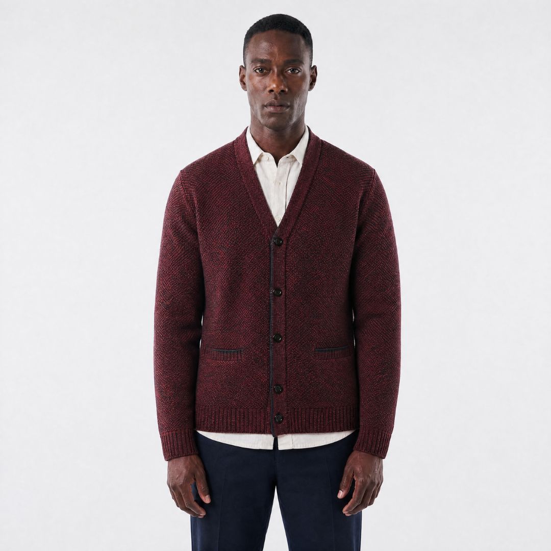 Cardigan Masculino em Lã Mesclada com Forro Xadrez vinho