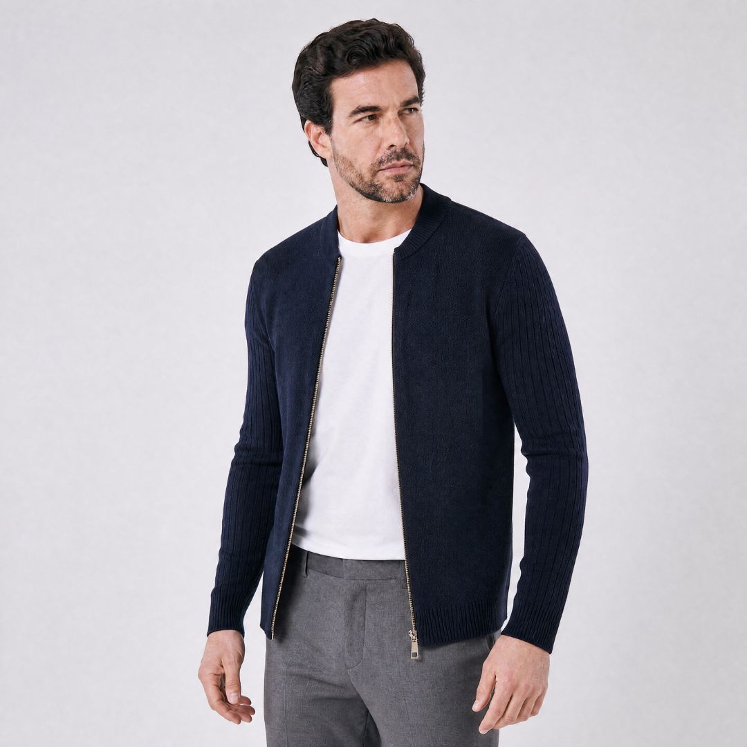 Cardigan Masculino em La com Ziper Central azul marinho