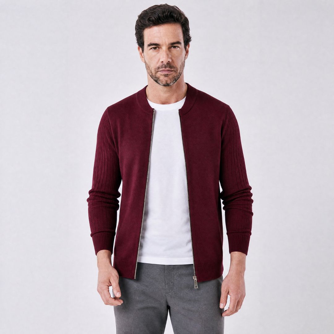 Cardigan Masculino em La com Ziper Central vinho