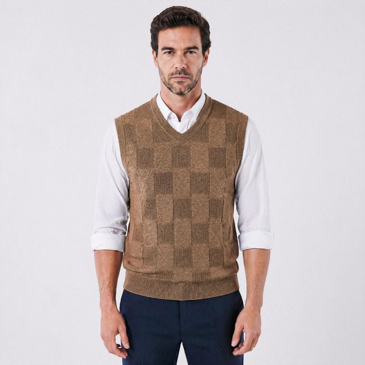 Colete Masculino Tricot Xadrez com Design Clássico marrom