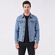 Jaqueta Jeans Masculina Trucker Clássica com Bolsos no Peito azul claro