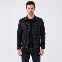 Jaqueta Jeans Masculina Trucker Clássica com Bolsos no Peito preto